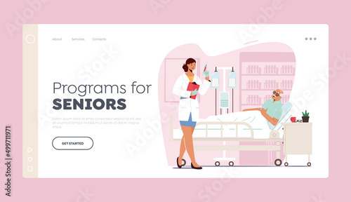 Programs for Seniors Landing Page Template. Elderly Health Care. Old Man in Hospital Room Apply Dropper, Patient in Bed