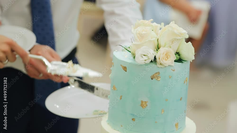 The newlyweds are cutting the wedding cake. Close-up shooting of hands The newlyweds are cutting the wedding cake. Close-up shooting of hands