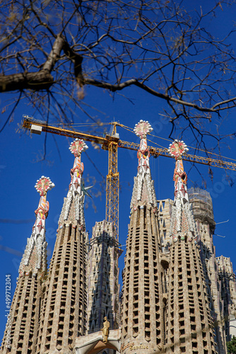 Construction of the Sagrada Familia in Barcelona. Cranes over the temple.