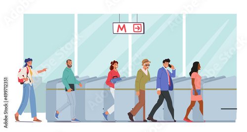 Characters Use Public Transport, Subway Pass Concept. People Going Through Turnstile Entrance, Male Female Scan Tickets