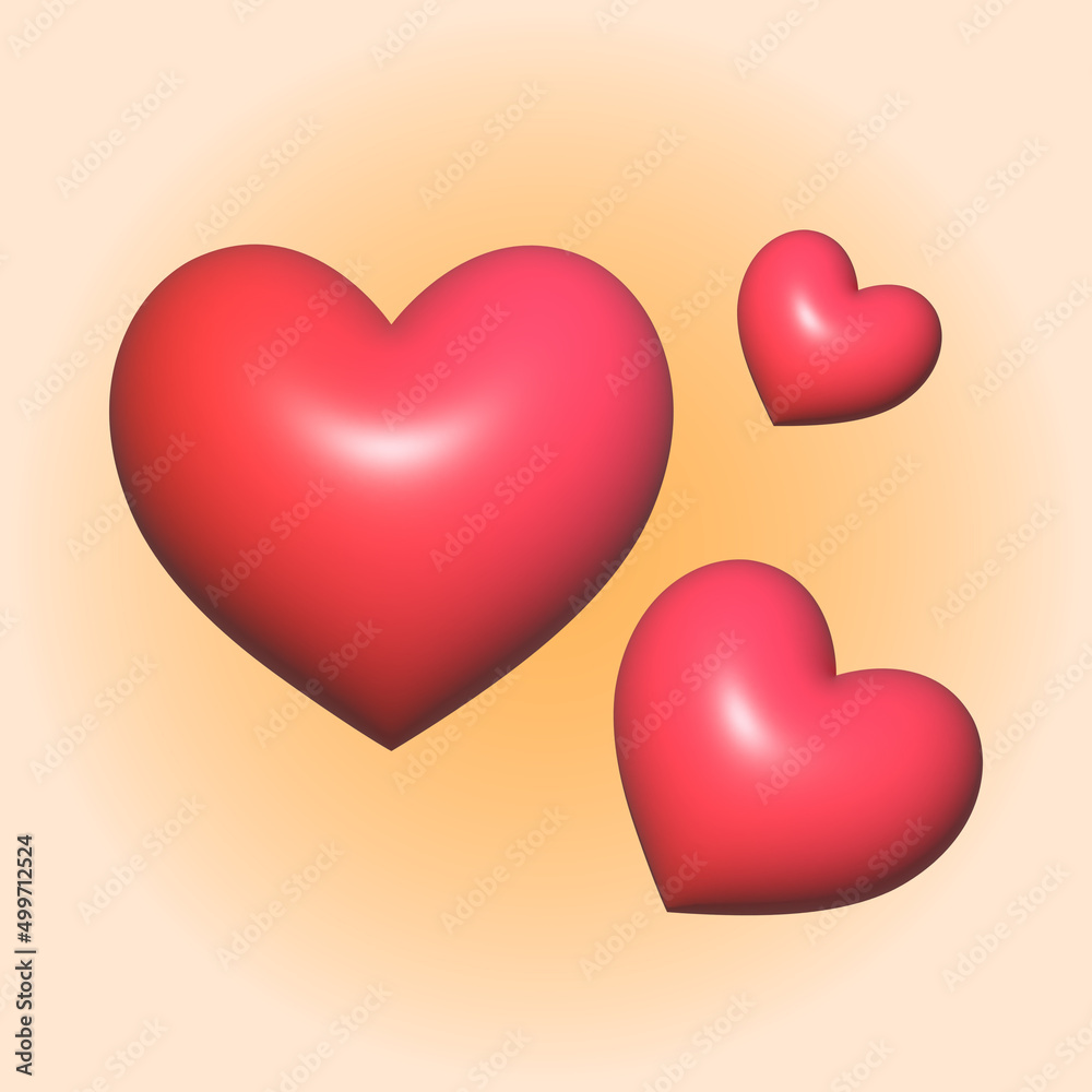 The vector 3d-illustration of vollumetrcic red hearts on beige background