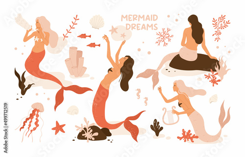 Beautiful young mermaid with ocean flora and fauna: algae, corals, fish, jellyfish. Fairy tale and underwater creature set. Sea and ocean aesthetic collection. Isolated vector illustration