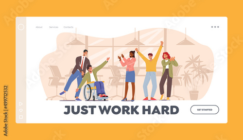 Businesspeople Fun Landing Page Template. Business People Applaud to Disabled Colleague Sit at Wheelchair