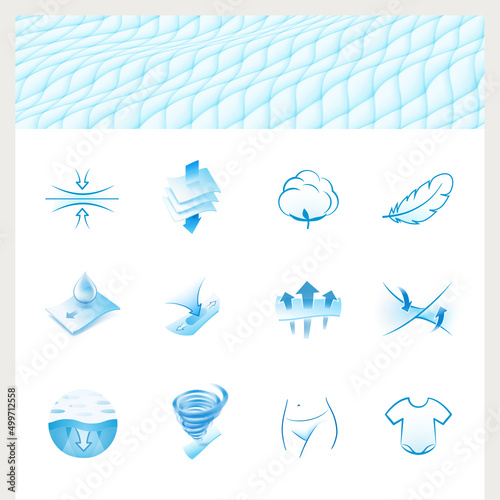 A set of icons for the absorbent material. Perfect for feminine pads, baby diapers, tissues, napkins and etc. EPS10. 