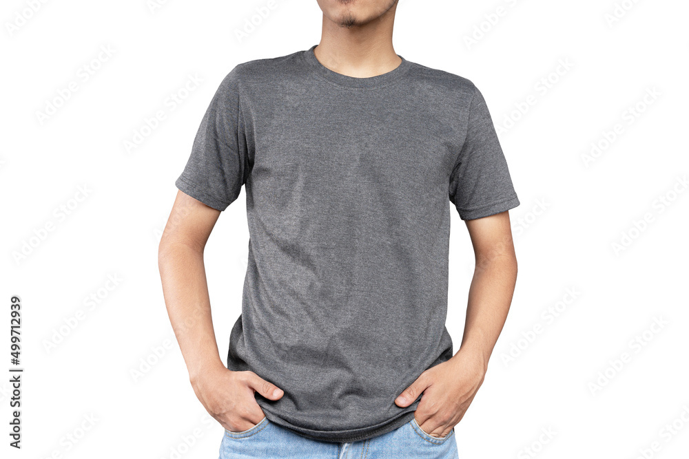 man wearing a gray casual t-shirt. Front view of a mock up template for a t-shirt design print