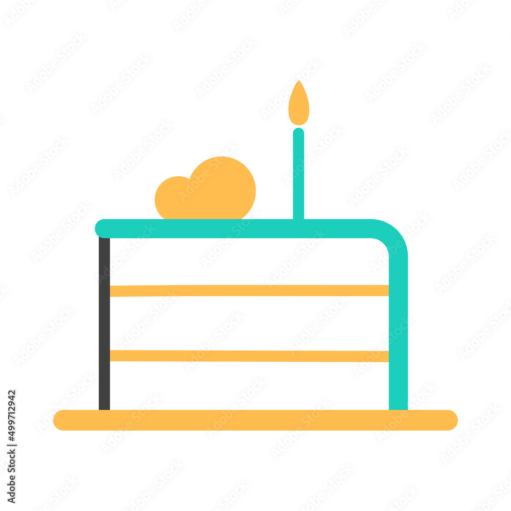 Cake slice on white background. Baked frosted Birthday treat piece with burning candle. Abstract cake with vanilla cream sign. Bright cooking pastry flat line symbol. Minimal logo vector illustration. Cake slice on white background. Baked frosted Birthday treat piece with burning candle. Abstract cake with vanilla cream sign. Bright cooking pastry flat line symbol. Minimal logo vector illustration.