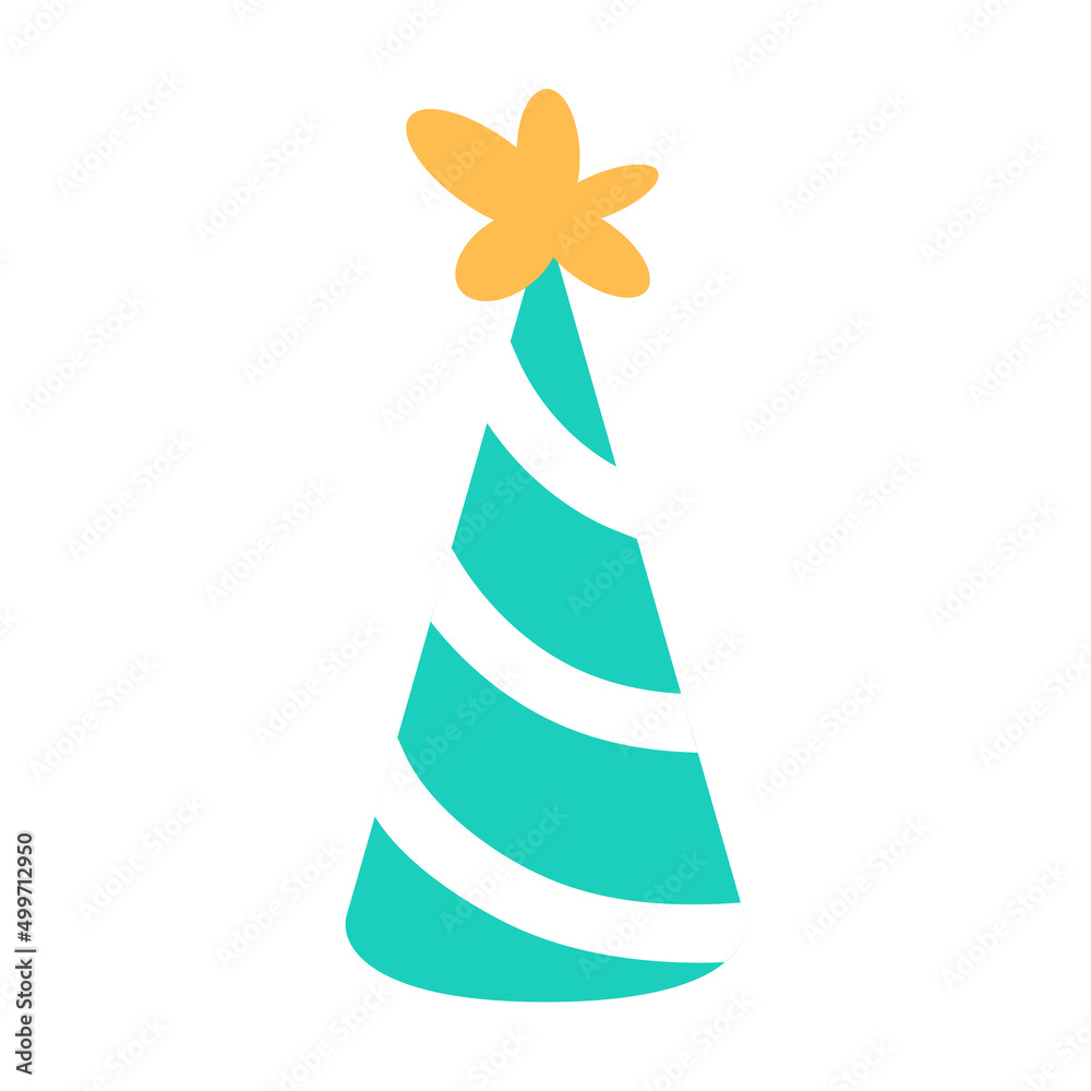 Birthday hat flat icon isolated on white background. Green striped party cap. Festive holiday event celebration abstract minimal element design. Color fun paper object. Anniversary vector illustration Birthday hat flat icon isolated on white background. Green striped party cap. Festive holiday event celebration abstract minimal element design. Color fun paper object. Anniversary vector illustration