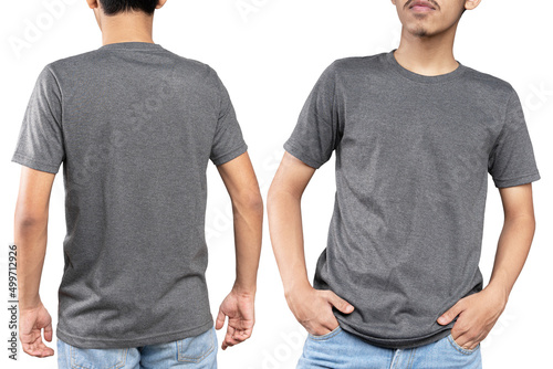 man wearing a gray casual t-shirt. Front and rear view of a mock up template for a t-shirt design print © Danykur