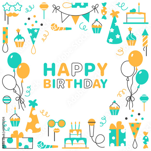 Happy Birthday background. Greeting card invitation with text space. Anniversary celebration holiday event flat line design Festive graphic element birthday party cake balloon gift vector illustration