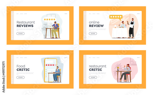 Food Critics Landing Page Template Set. Professional Writers or Bloggers Making Review and Ranking Restaurant Cuisine