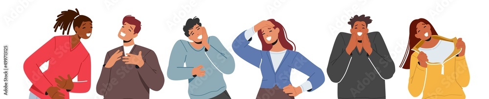 Set of Multiracial People Laughing at Something Funny. Diverse Young Men and Women Characters Crying of Laughter Set of Multiracial People Laughing at Something Funny. Diverse Young Men and Women Characters Crying of Laughter