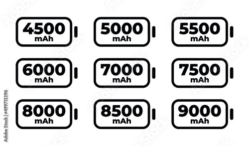 Set of battery capacity vector icon. Capacity mAh of battery. Outline vector illustration. 