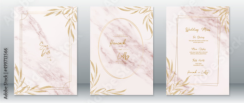 Golden wedding invitation card template luxury design with gold frame and marble texture