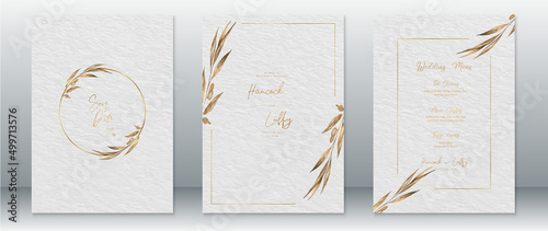 Wedding invitation card template luxury design with gold frame and nature leaf photo