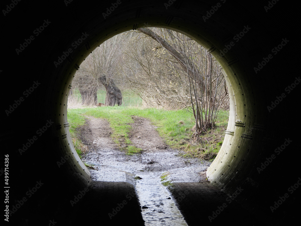 Blick durch einen kreisrunden Tunnel auf einen Feldweg zwischen grünen Graswiesen 
