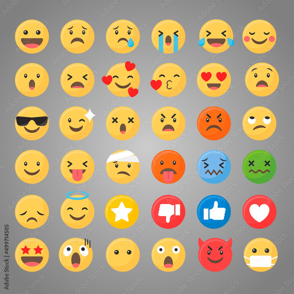 Vector all emojis set. Funny network emoticon set Vector all emojis set. Funny network emoticon set