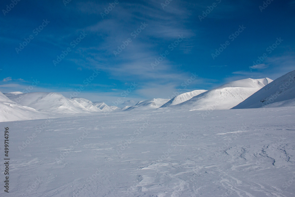 Kungsleden trail between Salka and Kebnekaise covered in snow during the winter season, April, Swedish Lapland