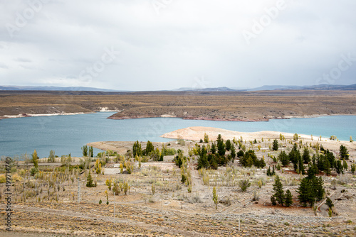 Landscape of extra-cordilleran plateaus and Limay river, Neuquen province, Argentina photo