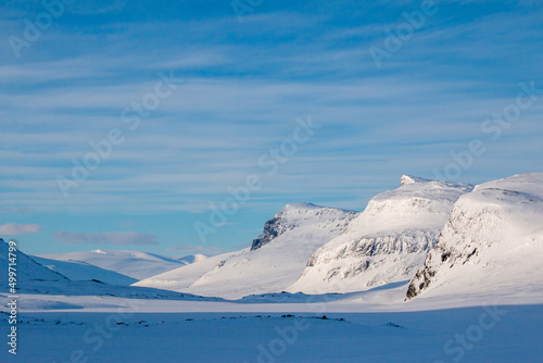 Mountains around Kungsleden hiking and skiing trail between Salka and Singi mountain huts during the winter season, April, Lapland, Sweden