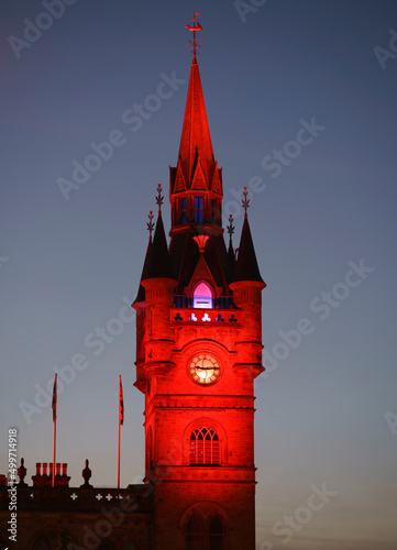 Renfrew Town Hall with coloured floodlighting