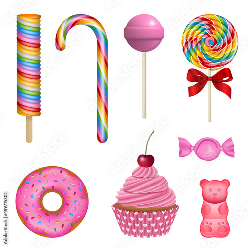 Set of isolated sweets. collection of colorful candies and cakes