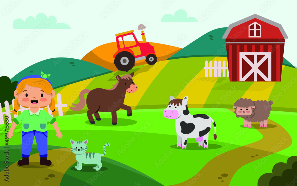 Farm scene in nature with animals and a girl. Flat vector illustration. Farm scene in nature with animals and a girl. Flat vector illustration.