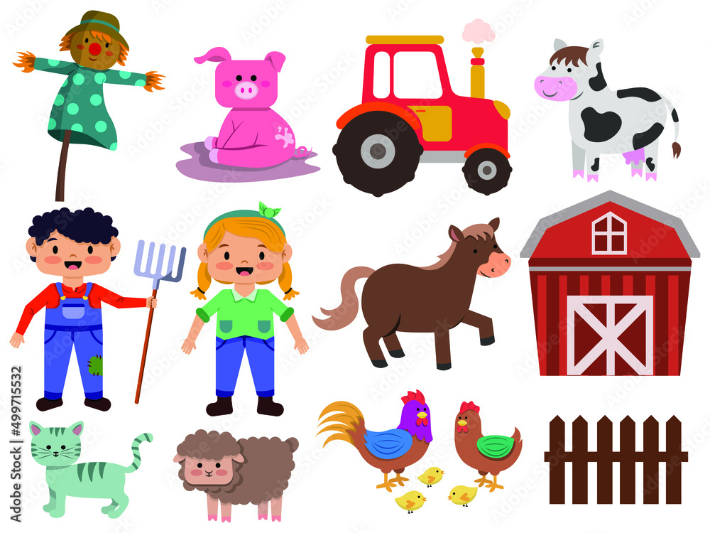 Set of farm animals and agricultural accessories Set of farm animals and agricultural accessories