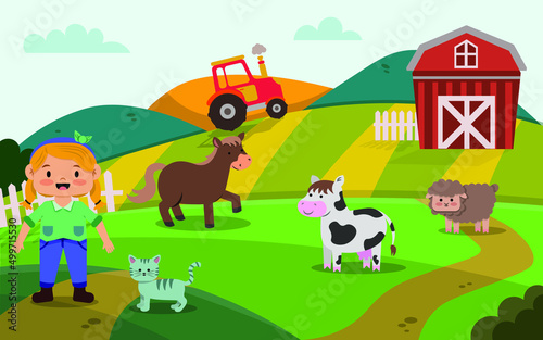 Farm scene in nature with animals and a girl. Flat vector illustration. 