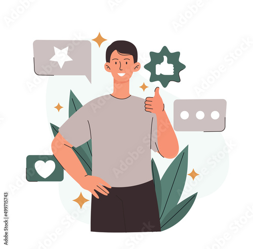 Positive customer feedback concept. Young smiling man gives rating or comment. Consumer leaves review. Thumbs up, heart or heart. Satisfied user. Cartoon contemporary flat vector illustration