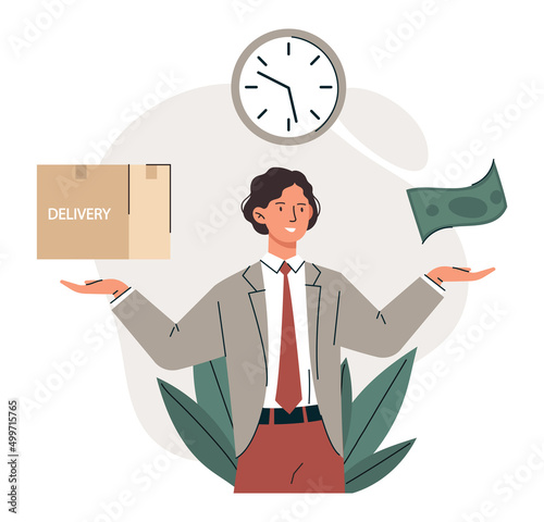 Postal fast service concept. Young male entrepreneur receives delivery in short time and saves his money. Business, investment and transfer of goods. Cartoon contemporary flat vector illustration
