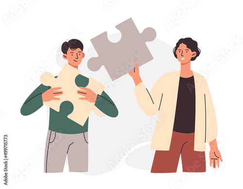 Teamwork and partnership concept. Man and woman hold puzzle pieces and connect them. Metaphor of cooperation and collaboration. Achieving success or effective work. Cartoon flat vector illustration
