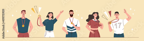 Set of athletes winners. Athletes with gold medals around their neck achieve success in competition or championship. Strong men and women. Cartoon flat vector collection isolated on beige background
