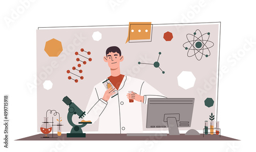 Biomedical engineering concept. Young male scientist conducts medical gene research or microbiological experiments. Innovative technologies in genetics. Cartoon modern flat vector illustration