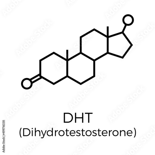 Vector thin line icon of Dihydrotestosterone molecular structure. Chemical formula of DHT photo