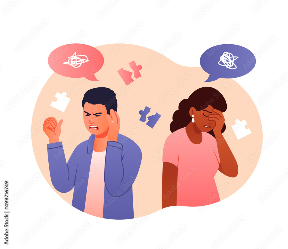 Mental health concept. Frustrated man and girl, family problems, bad relationship. Psychology troubles, depression, sadness and rage. Characters worried, stress. Cartoon flat vector illustration - obrazy, fototapety, plakaty 