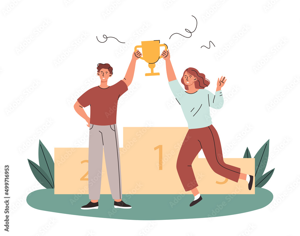 Man and woman with trophy. Golden cup and achievements. Metaphor of partnership and successful employees, colleagues achieved their goals, company development. Cartoon flat vector illustration