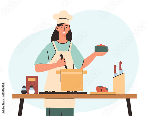 Woman cooking at home. Young girl in cap stirs soup in saucepan. Vegetables and healthy natural homemade food. Household chores and routine, kitchen and cuisine. Cartoon flat vector illustration