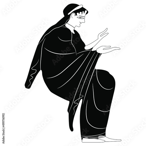 Seated ancient Greek woman or goddess in diadem and long dress. Vase painting style. Black and white silhouette. Isolated vector illustration.