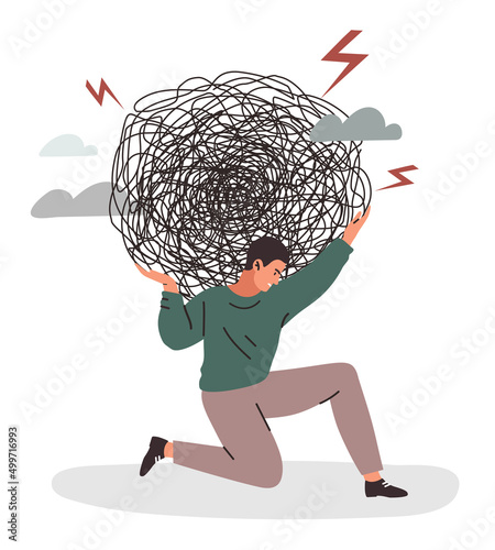 Stress burden concept. Man hardly bears lump of doubt, pensive character. Difficulties at work and in personal life, internal problems, mental troubles metaphor. Cartoon flat vector illustration