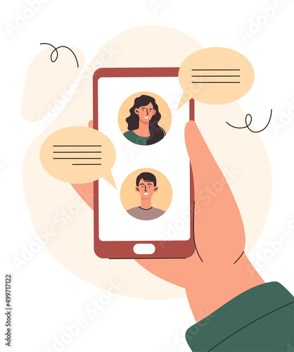 People chatting concept. Hand holds phone with avatars of other users. Chats and dialogues, communication in messengers and social networks. Gadgets and devices. Cartoon flat vector illustration
