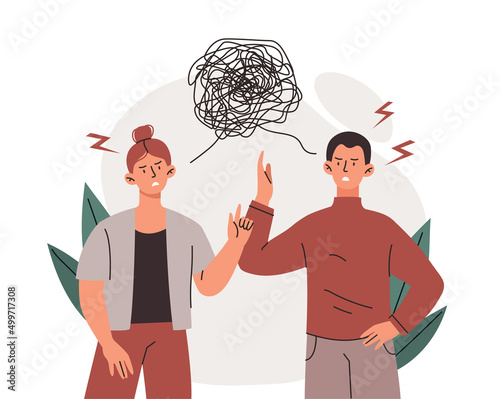 Different opinion concept. Man and girl discuss news and rumors. Uncertainty and internal problems, thoughtful characters. Dispute and conflict at work and in family. Cartoon flat vector illustration