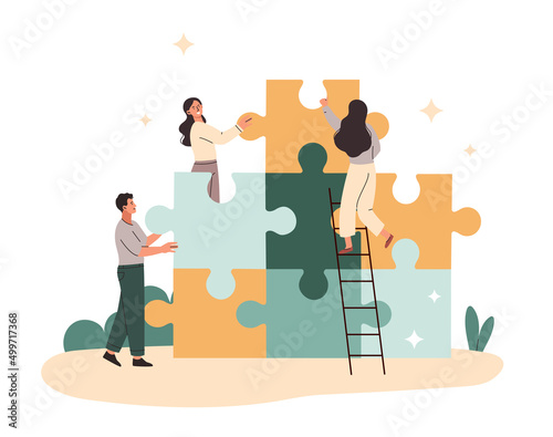Business solution concept. Characters assemble picture from puzzles, metaphor for teamwork and company development. Contribution of employee to and colleagues. Cartoon flat vector illustration