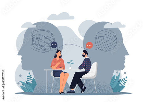 Psychotherapy doctor session. Man listens to girl, psychodog with patient. Mental problems and help. Uncertainties and difficulties in personal life, frustration. Cartoon flat vector illustration photo