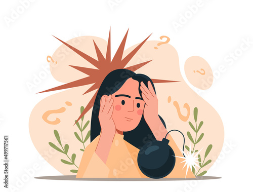 Psychological trauma concept. Girl with bomb, stress and panic. Mental problems, depression. Bad experiences and subconscious fears. Person with emotional burnout. Cartoon flat vector illustration