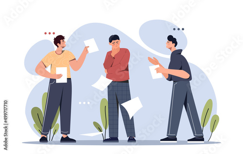 Job Burdens concept. Young confused man surrounded by documents, folders and papers. Employee stressed because of opinions and pressure of colleagues. Hard work, Cartoon flat vector illustration