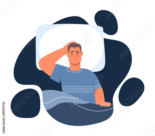 Insomnia and sleep disorder concept. Sad tired man lying on bed and cannot fall asleep. Psychological illness or low melatonin levels. Depression or stress. Cartoon modern flat vector illustration
