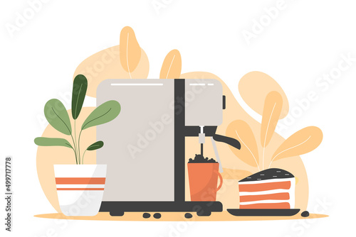 Coffee house concept. Colorful poster with coffee machine for brewing delicious latte or cappuccino. Design for pastry shop menu with hot drinks and cakes. Cartoon modern flat vector illustration