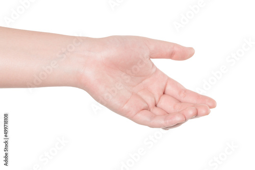 hands of young woman on white background.