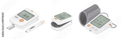 Set of digital medical devices. Glucometer, tonometer and pulse oximeter for diagnostics and monitoring of various health indicators. Realistic isometric vector collection isolated on white background