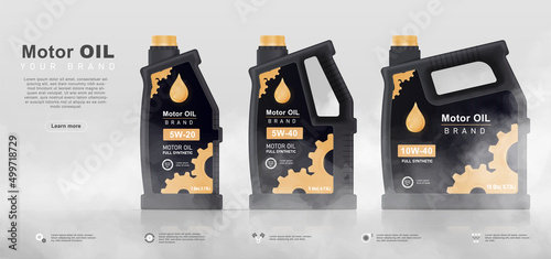 Banner with bottles of engine oil. Poster with packages and labels for car oil. Vehicle maintenance and piston lubrication. Design for advertising and promotion. Realistic 3D vector illustration